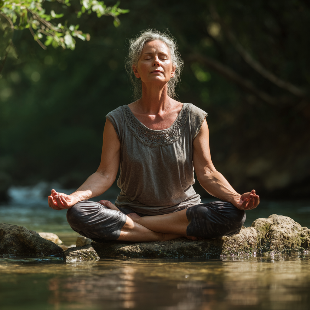 Middle-aged woman practicing peaceful yoga meditation in natural environment