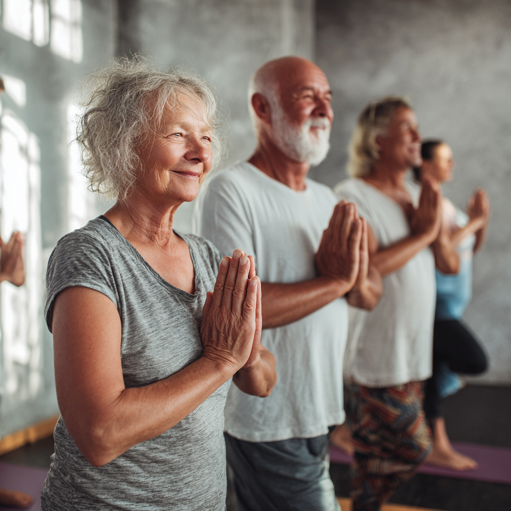 Senior adults practicing gentle yoga poses together in peaceful studio setting
